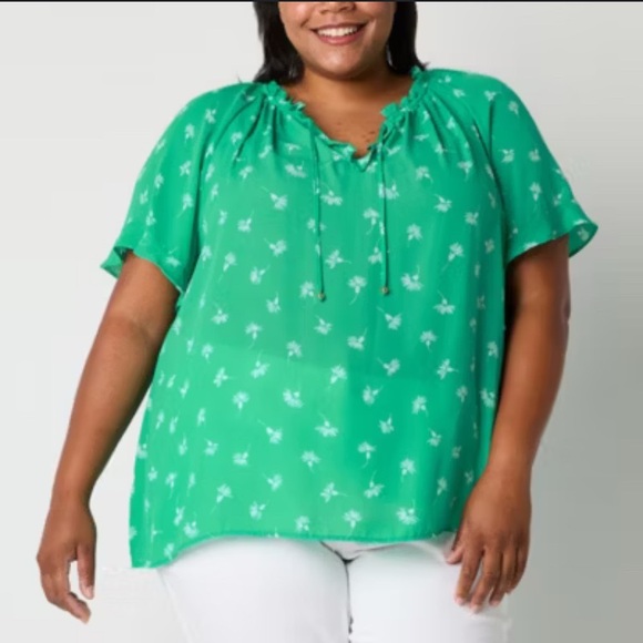 NWT Liz Claiborne Plus Split Tie Neck Short Sleeve Blouse Ditsy Floral Spring - Picture 2 of 16